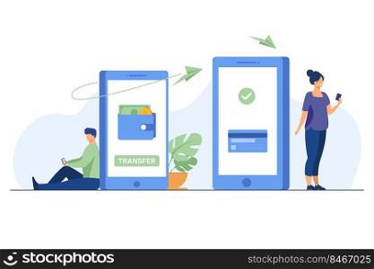 Man transferring money to woman via smartphone. Online, transaction, banking flat vector illustration. Finance and digital technology concept for banner, website design or landing web page