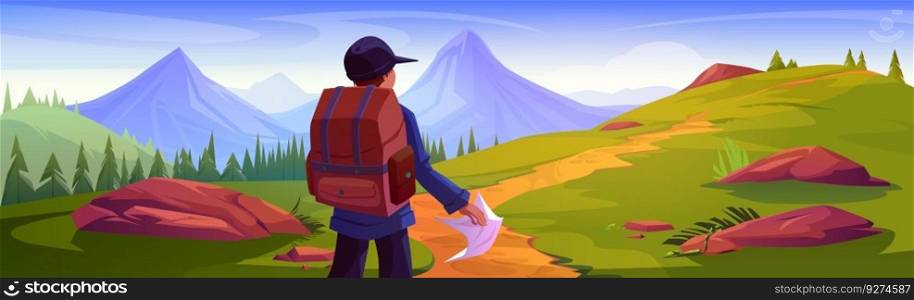 Man travel and explore mountain adventure vector. Tourist character trekking and discovery nature with backpack on wilderness path cartoon landscape illustration. Young guy explorer mountaineering. Man travel and explore mountain adventure vector