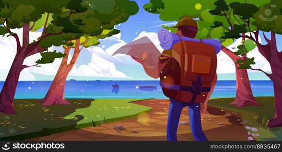 Man travel with map and backpack near river. Vector forest and sea nature landscape cartoon background. Young tourist trekking on trail in summer. Backpacker character orienteering.. Man travel with map and backpack near sea and tree