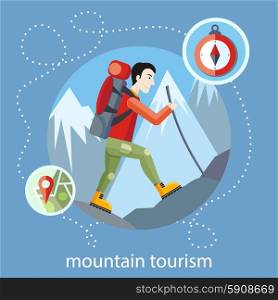 Man traveler with backpack hiking equipment walking in mountains. Mountain tourism concept in cartoon design style. Mountain tourism