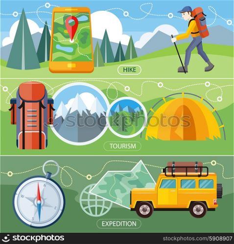 Man traveler with backpack hiking equipment walking in mountains. Off-road car with map and compass on road. Investigation untouched corners nature. Camping tourism tent near the forest and mountains