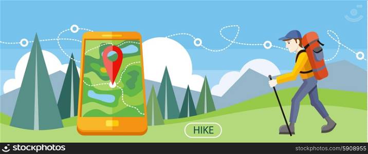 Man traveler with backpack hiking equipment walking in mountains. Mountain tourism concept in cartoon design style. Man with GPS navigation. Hike Concept