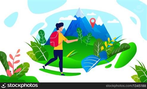 Man Traveler with Backpack Walking in Mountains Cartoon. Tourism at Highlands. Male Character Moving on Pin. GPS Navigation. Active Vacation and Healthy Recreation. Vector Flat Illustration. Man Traveler with Backpack Walking in Mountains