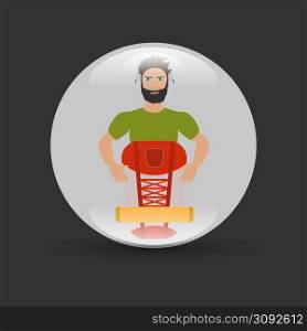 man traveling and hiking badge in circle with shadow. man traveling and hiking badge