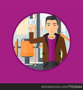 Man traveling by public transport. Young man standing inside public transport. Man traveling by passenger bus or subway. Vector flat design illustration in the circle isolated on background.. Man traveling by public transport.