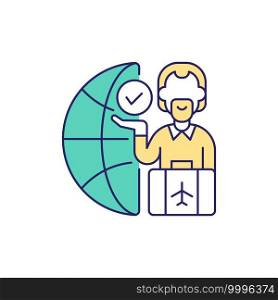 Man traveling during covid 19 RGB color icon. Time to travel. Man with a mustache holds a clock. New boarding rules. Traveler with bag. Covid travel guidelines. Isolated vector illustration. Man traveling during covid 19 RGB color icon
