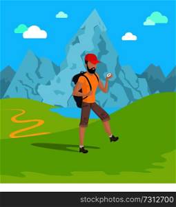 Man travelling in mountains, male with compass, path and green grass with mountains landscape, image clouds and sky isolated on vector illustration. Man Travelling in Mountains Vector Illustration