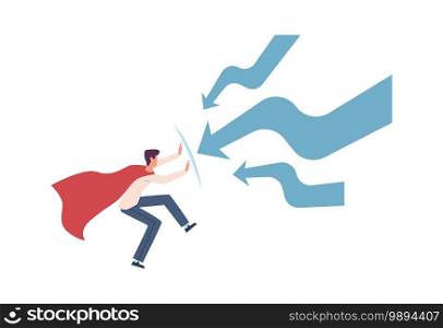 Man try stopping finance decrease. Super hero in cloak and falling arrows, economic crisis and recession, sinking business and bankruptcy, financial and money problems concept vector illustration. Man try stopping finance decrease. Super hero in cloak and falling arrows, economic crisis and recession, sinking business and bankruptcy, money problems concept vector illustration