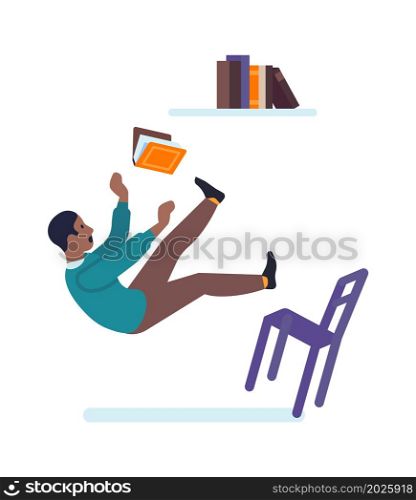 Man trying get book from top shelf and falling down from chair. Vector illustration. Man trying get book from top shelf and falling down from chair