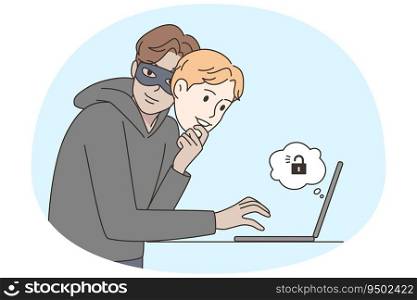 Man under mask hacking on computer online. Male criminal or scammer do illegal activity on internet. Fraud and scam. Vector illustration.. Scammer hacking accounts on computer