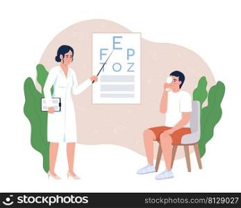 Man undergoing vision checkup with doctor 2D vector isolated illustration. Medicine flat characters on cartoon background. Clinic colourful scene for mobile, website, presentation. Comfortaa font used. Man undergoing vision checkup with doctor 2D vector isolated illustration