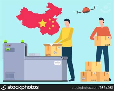 Man unloading or loading parcels for international shipping. Worldwide transportation and delivery cargo. Import and export of products. Flag of China on background. Drone delivery. Vector flat style. International Delivery and Worldwide Shipping