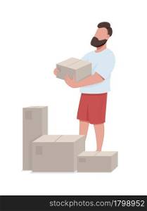 Man unpacking boxes after moving semi flat color vector character. Full body person on white. Delivered boxes checkup isolated modern cartoon style illustration for graphic design and animation. Man unpacking boxes after moving semi flat color vector character
