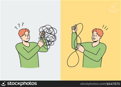 Man untangle puzzle find answers to mental problems. Unhappy and happy male after psychological session. Mind and stress relieve concept. Vector illustration.. Man untangle puzzle relieve stress