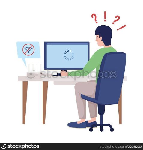 Man upset with no wifi semi flat color vector character. Sitting figure. Full body person on white. Home problem isolated modern cartoon style illustration for graphic design and animation. Man upset with no wifi semi flat color vector character