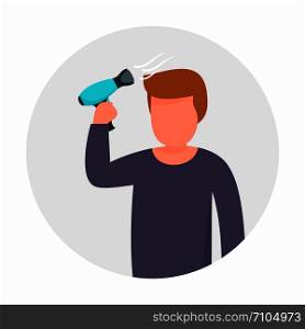 Man use hair dryer concept background. Flat illustration of man use hair dryer vector concept background for web design. Man use hair dryer concept background, flat style