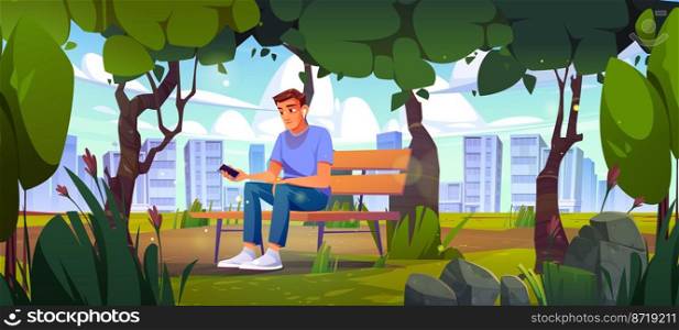 Man use mobile phone sitting on bench in city park. Vector cartoon illustration of summer landscape of public garden with green trees, grass, flowers, person with smartphone and earbuds. Man use mobile phone sitting on bench in city park