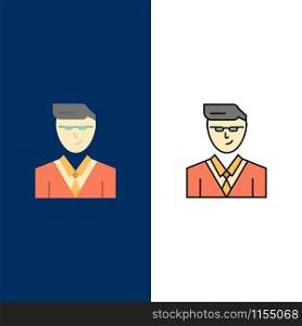 Man, User, Manager, Student Icons. Flat and Line Filled Icon Set Vector Blue Background