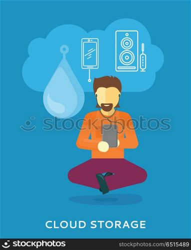 Man Uses Cloud Storage on his Tablet. Cloud storage design concept. Man uses cloud storage on tablet. Storage and cloud computing backup online data network internet web storage connection. Vector design illustraion in flat style