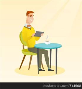 Man using a tablet computer in the cafe. Man surfing in the social network. Man rewriting in the social network in the cafe. Social network concept. Vector flat design illustration. Square layout.. Man surfing in the social network in the cafe.
