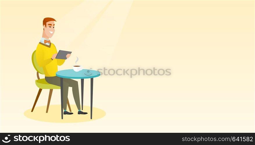 Man using a tablet computer in the cafe. Man surfing in the social network. Man rewriting in the social network in the cafe. Social network concept. Vector flat design illustration. Horizontal layout.. Man surfing in the social network in the cafe.