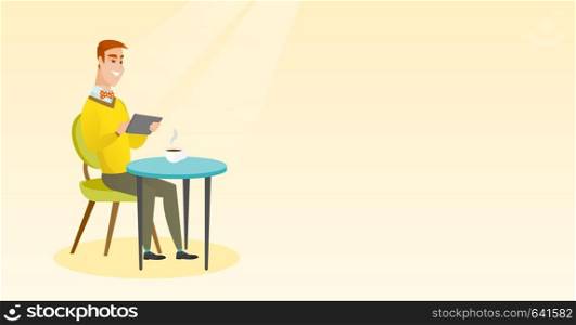 Man using a tablet computer in the cafe. Man surfing in the social network. Man rewriting in the social network in the cafe. Social network concept. Vector flat design illustration. Horizontal layout.. Man surfing in the social network in the cafe.