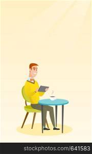 Man using a tablet computer in the cafe. Man surfing in the social network. Man rewriting in the social network in the cafe. Social network concept. Vector flat design illustration. Vertical layout.. Man surfing in the social network in the cafe.