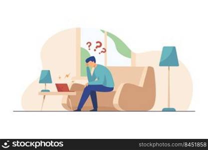 Man using laptop for video call. Angry talk partner shouting at him from speakers flat vector illustration. Online communication, conflict concept for banner, website design or landing web page