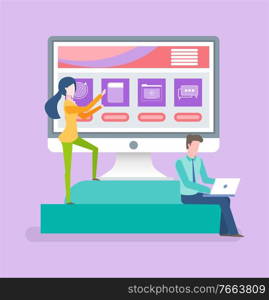Man using laptop, woman working with computer, pc on platform, monitor with icons, workers character with wireless device, online communication vector. Employees Working with Computer or Laptop Vector