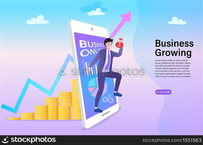 Man using mobile app for online banking and business growing. Mobile Currency Exchange Service. Flat Cartoon Vector Illustration