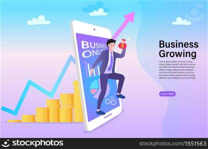 Man using mobile app for online banking and business growing. Mobile Currency Exchange Service. Flat Cartoon Vector Illustration