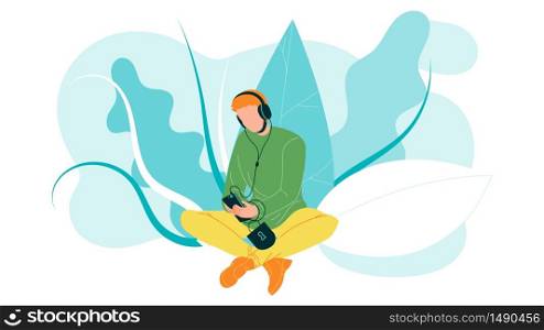 Man Using Mobile Cellular For Listen Music Vector. Character Boy Sitting On Grass And Listening Audio Tracks Or Watching Video On Mobile Phone In Park. Smartphone Addiction Flat Cartoon Illustration. Man Using Mobile Cellular For Listen Music Vector