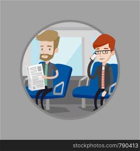 Man using mobile phone in public transport. Caucasian man reading newspaper in public transport. People traveling by public transport. Vector flat design illustration in circle isolated on background.. People traveling by public transport.