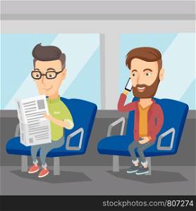 Man using mobile phone while traveling by public transport. Caucasian man reading newspaper in public transport. People traveling by public transport. Vector flat design illustration. Square layout.. People traveling by public transport.