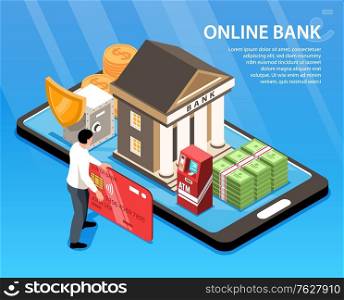 Man using online bank application 3d isometric vector illustration