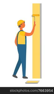 Man using paint roller to change color of wall vector, paint in container flat style character. Male wearing uniform and helmet, workman with tool. Man Working on Repairing Wall, Painting Roller