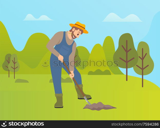 Man using shovel to dig hole for plants vector, farming person working on land. Farming activity of farmer, forest with trees, husbandry in summer. Farming Person Cultivating Soil, Gardening Man