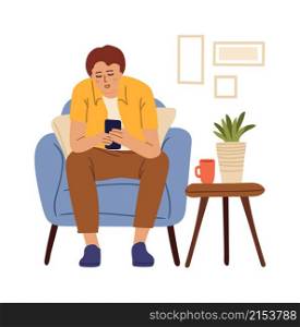 Man using smartphone. Remote work, chatting in social media. Boy sitting in chair at home and looks in phone, gadget addiction vector concept. Illustration man chatting phone. Man using smartphone. Remote work, chatting in social media. Boy sitting in chair at home and looks in phone, gadget addiction vector concept