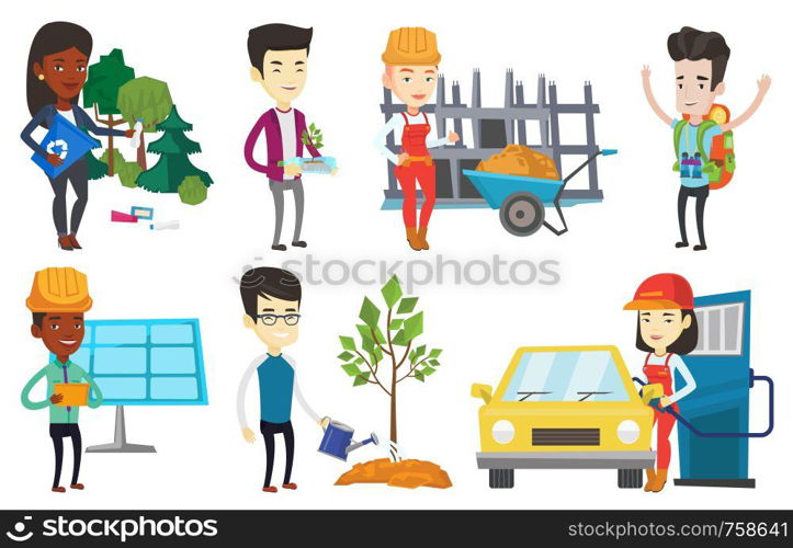 Man using tablet at solar power plant. Man working on tablet computer at solar power plant. Worker checking solar panel setup. Set of vector flat design illustrations isolated on white background.. Vector set of characters on ecology issues.