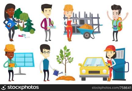 Man using tablet at solar power plant. Man working on tablet computer at solar power plant. Worker checking solar panel setup. Set of vector flat design illustrations isolated on white background.. Vector set of characters on ecology issues.