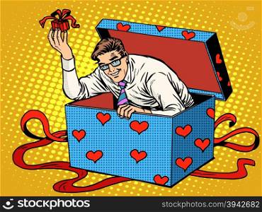Man Valentine day surprise box love gift pop art retro style. Wedding and romance. Husband gift. Man Valentine day surprise box love gift