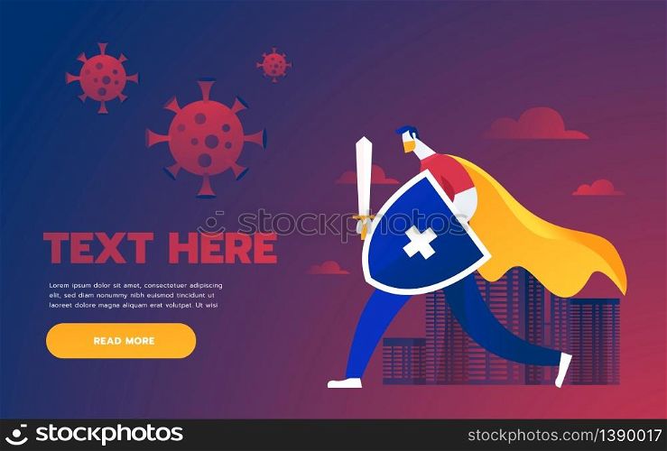 Man versus virus. A man doctor in medical mask and with a vaccine in hand fights with viral diseases. Vector illustration.. Man versus virus. A man doctor in medical mask and with a vaccine in hand fights with viral diseases. Vector illustration