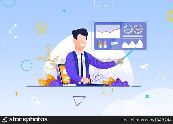 Man Video Blogging Business. Vector Illustration on Blue Background. Hologram from Laptop. Happy Young Man in Blue Suit in White Shirt and Trendy Tie shows Pointer to Graphic Diagram.