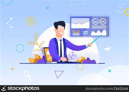 Man Video Blogging Business. Vector Illustration on Blue Background. Hologram from Laptop. Happy Young Man in Blue Suit in White Shirt and Trendy Tie shows Pointer to Graphic Diagram.