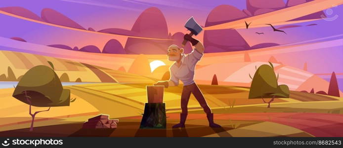 Man villager with axe chop firewood on rural dusk landscape background with field and pink sky. Lumberjack cutting wood logs for home warm, village or countryside life, Cartoon vector illustration. Man villager with ax chop firewood on rural field