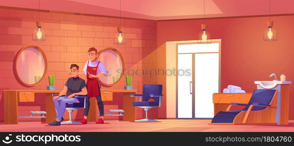 Man visiting barbershop, barber cutting hair to client in beauty salon. Master serve customer sitting in armchair front of mirror in hairdressing studio. Haircut service, Cartoon vector illustration. Man visit barbershop barber cutting hair to client