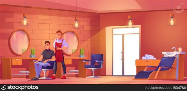 Man visiting barbershop, barber cutting hair to client in beauty salon. Master serve customer sitting in armchair front of mirror in hairdressing studio. Haircut service, Cartoon vector illustration. Man visit barbershop barber cutting hair to client