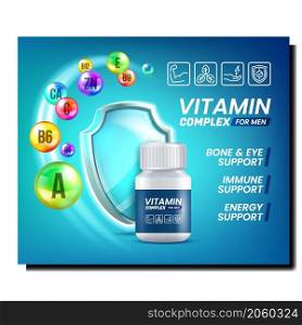 Man Vitamin health poster. Mineral Dietary design. Skin vitamin tablets. realistic poster vector Illustration. Man Vitamin health poster vector