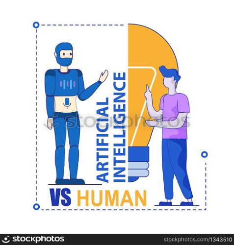 Man VS Machine. Artificial Intelligence Versus Human. Conversation, Dispute of Human and Humanoid Robot. Competing in Future. Concept of Choice Between Technologies and Humanity. Who is Smarter. Artificial Intelligence Versus Human Competition