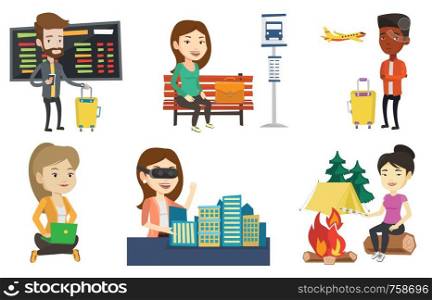 Man waiting for a flight at the airport. Passenger holding passport and airplane ticket. Man standing with suitcase at the airport. Set of vector flat design illustrations isolated on white background. Transportation vector set with people traveling.